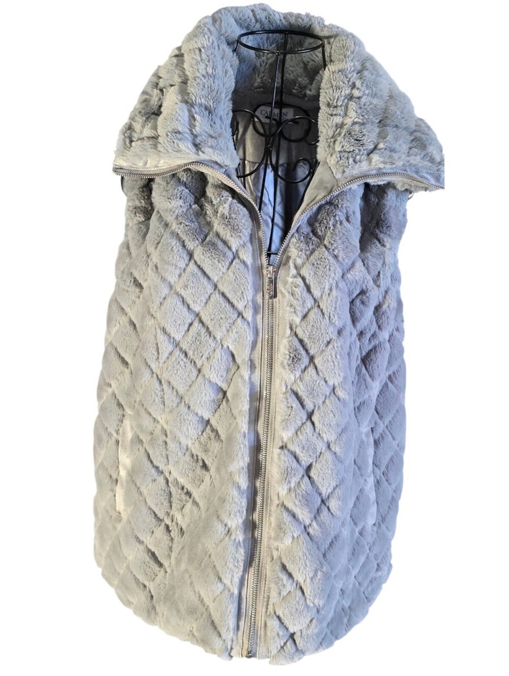 Carmen Marc Valvo Faux Fur Vest Ladies Med. Large Gray Full Zip Cozy Core Glam